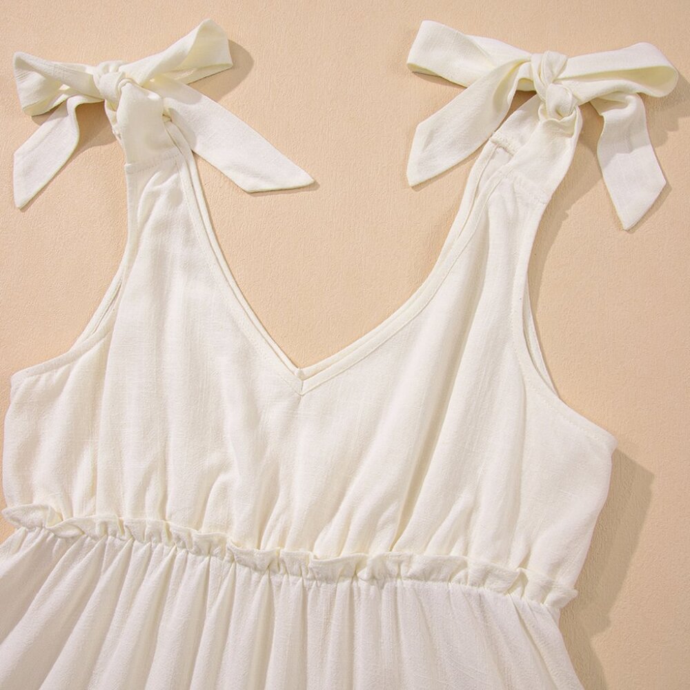 B283 Oatmeal Solid Color Tie Strap Ruffle Tiered Mini Dress - Picture 12 of 15